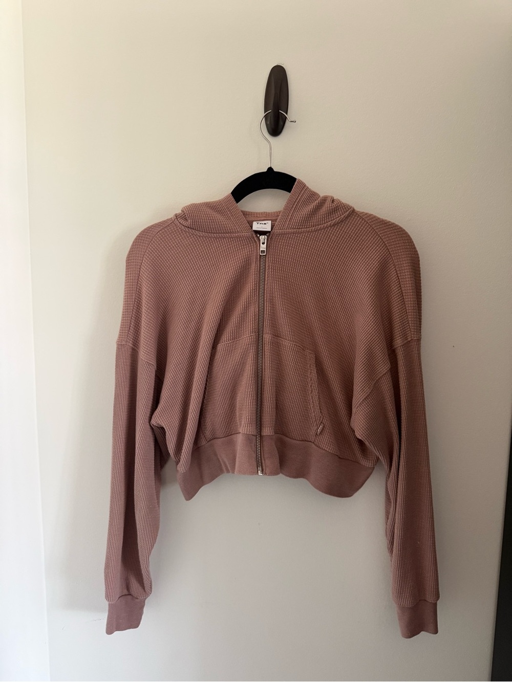 Aritzia TNA Cropped Waffle-Knit Zip Hoodie - Dusty Rose